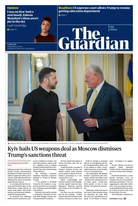 Portada de The Guardian (usa) del 2025-07-15