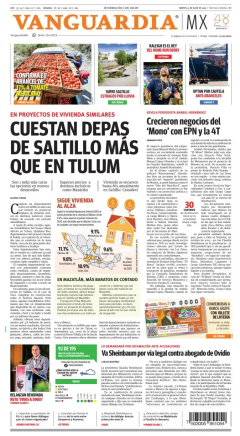 Portada de Vanguardia del martes, 15 de julio de 2025