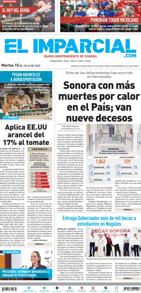 Portada de El Imparcial del martes, 15 de julio de 2025