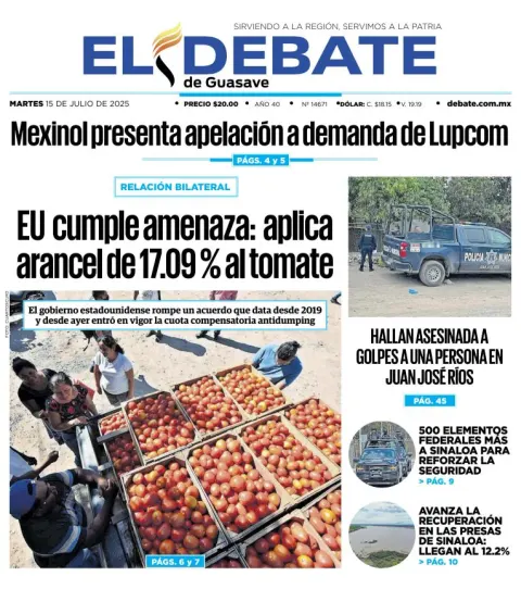 Portada de El Debate de Guasave del 2025-07-15