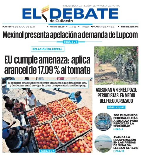 Portada de El Debate de Culiacan del martes, 15 de julio de 2025
