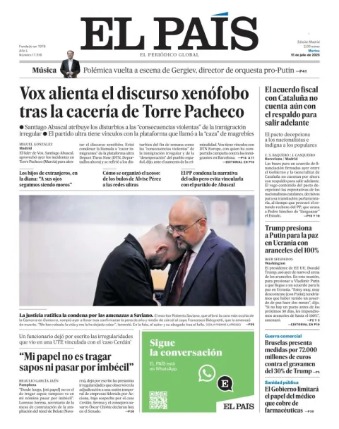 Portada de El Pais del martes, 15 de julio de 2025