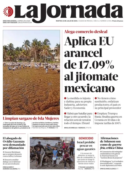 Portada de La Jornada del martes, 15 de julio de 2025