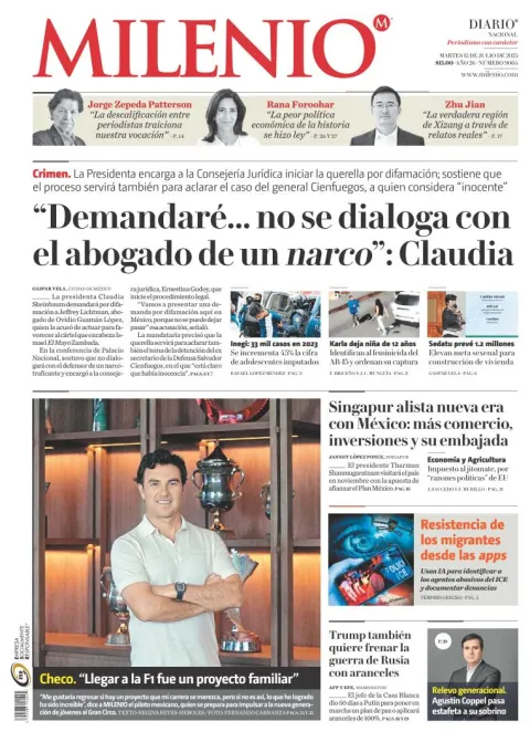 Portada de Milenio del martes, 15 de julio de 2025