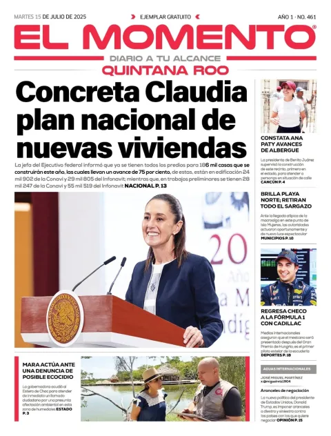Portada de El Momento Quintana Roo del martes, 15 de julio de 2025