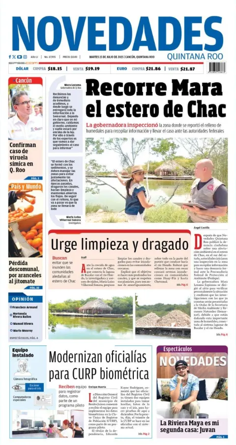 Portada de Novedades Quintana Roo del martes, 15 de julio de 2025