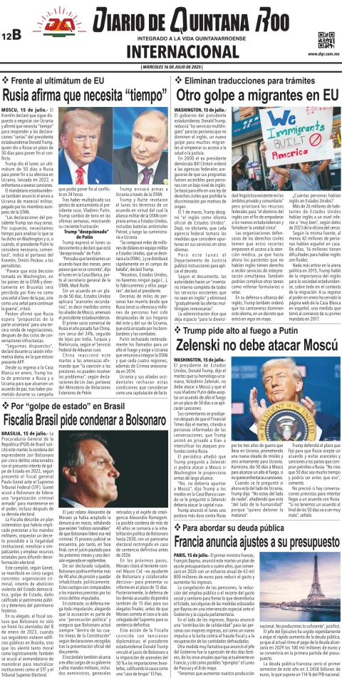 Portada de Diario de Quintana Roo (contra Portada)