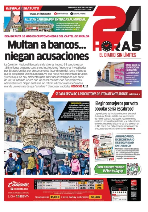 Portada de 24 Horas del miércoles, 16 de julio de 2025