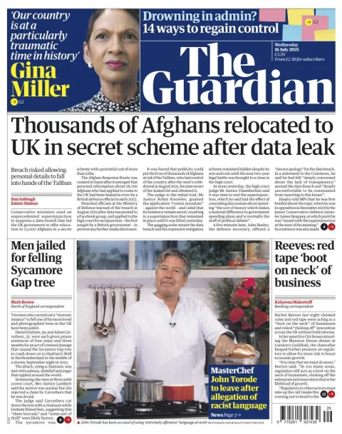 Portada de The Guardian (reino Unido) del miércoles, 16 de julio de 2025