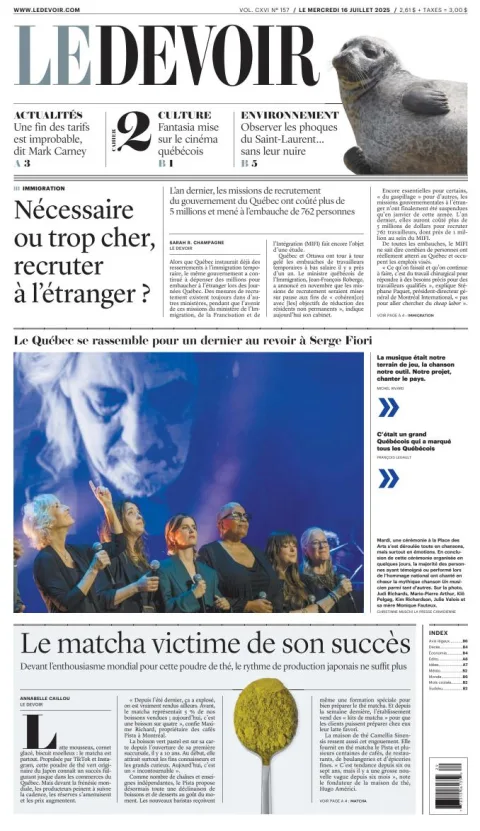Portada de Le Devoir del miércoles, 16 de julio de 2025