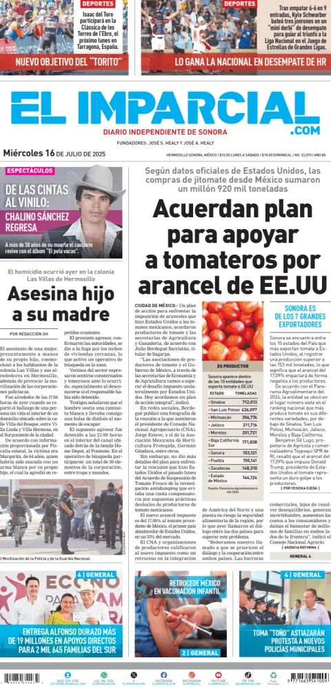 Portada de El Imparcial del miércoles, 16 de julio de 2025