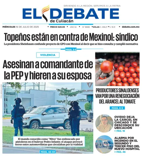 Portada de El Debate de Culiacan del miércoles, 16 de julio de 2025