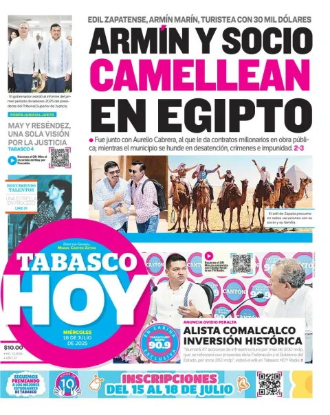 Portada de Tabasco Hoy del miércoles, 16 de julio de 2025