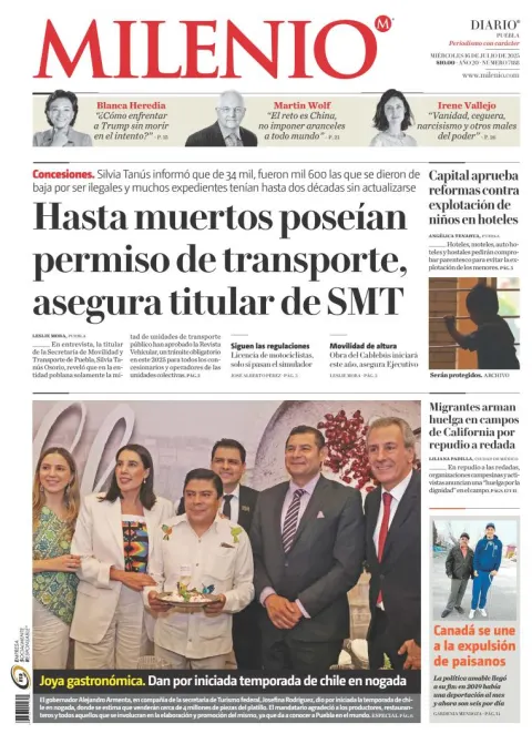 Portada de Milenio Puebla del miércoles, 16 de julio de 2025