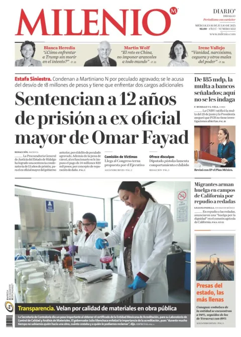 Portada de Milenio Hidalgo del miércoles, 16 de julio de 2025