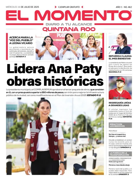 Portada de El Momento Quintana Roo del miércoles, 16 de julio de 2025