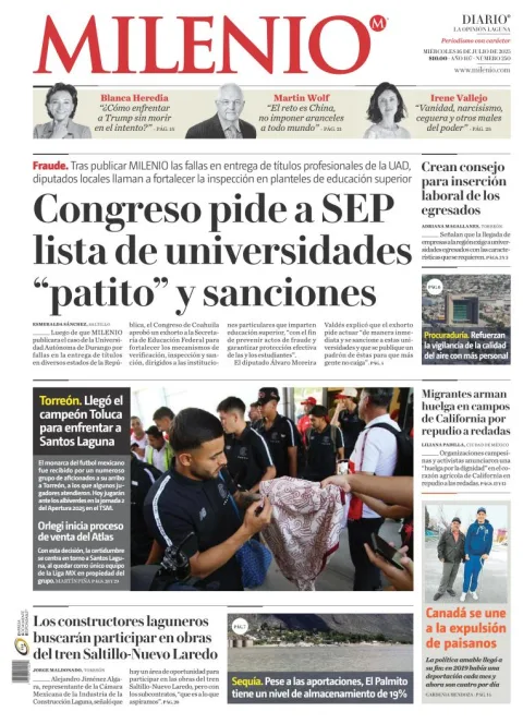 Portada de Milenio Laguna del miércoles, 16 de julio de 2025