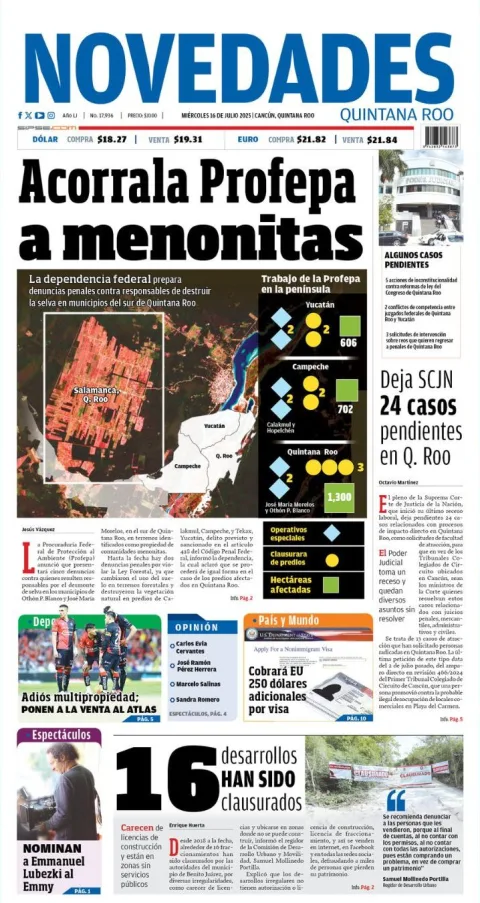Portada de Novedades Quintana Roo del miércoles, 16 de julio de 2025