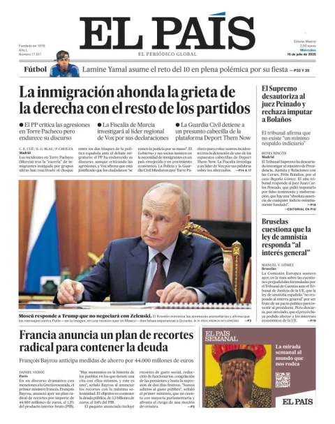 Portada de El Pais del miércoles, 16 de julio de 2025