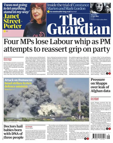 Portada de The Guardian (reino Unido) del jueves, 17 de julio de 2025