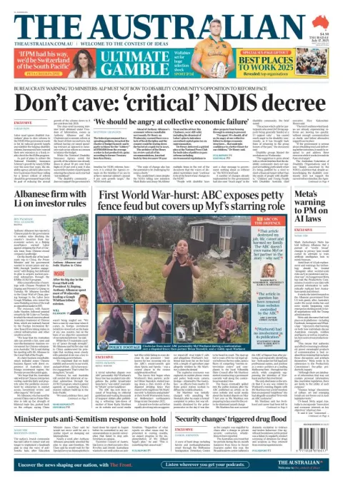 Portada de The Australian del jueves, 17 de julio de 2025