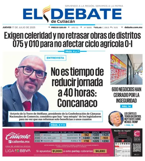 Portada de El Debate de Culiacan del jueves, 17 de julio de 2025