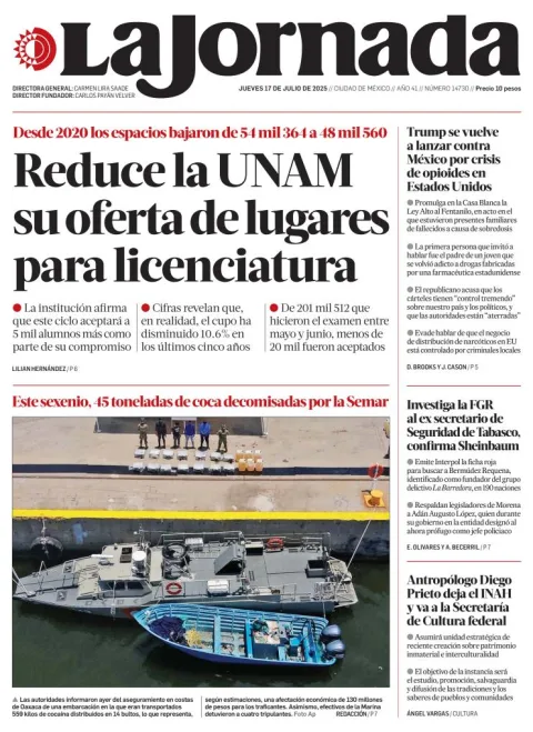 Portada de La Jornada del jueves, 17 de julio de 2025