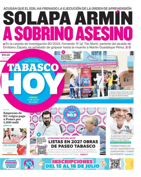Portada de Tabasco Hoy del 2025-07-17