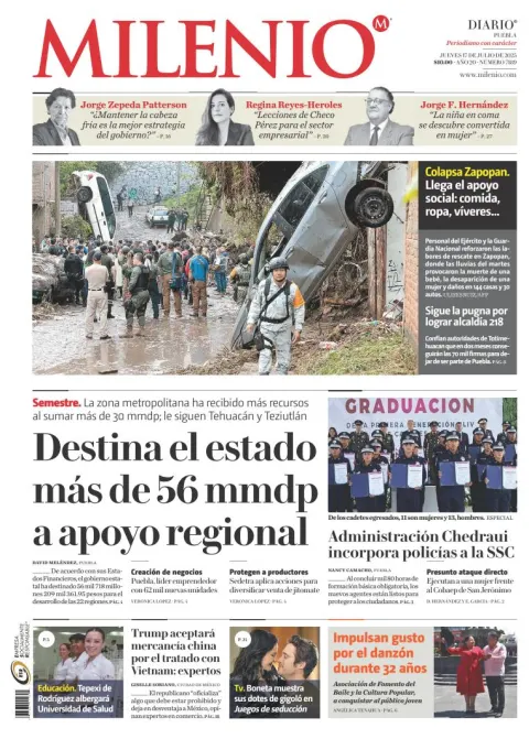 Portada de Milenio Puebla del jueves, 17 de julio de 2025