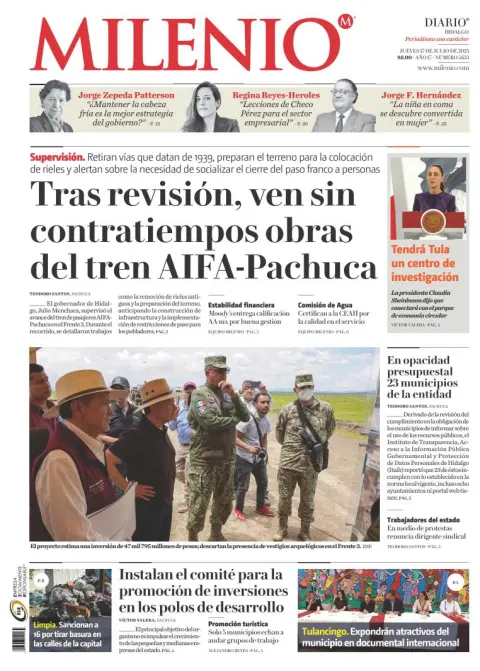 Portada de Milenio Hidalgo del jueves, 17 de julio de 2025