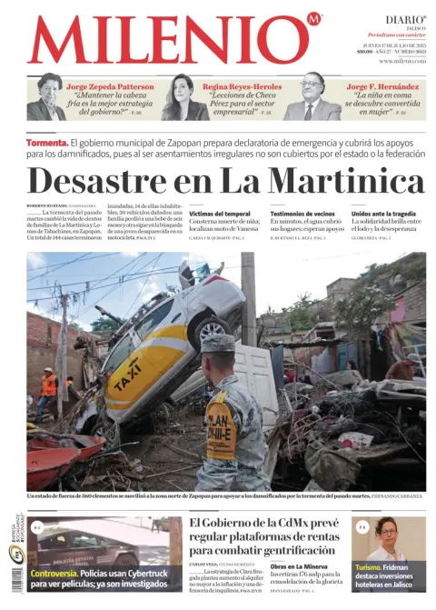 Portada de Milenio Jalisco del jueves, 17 de julio de 2025