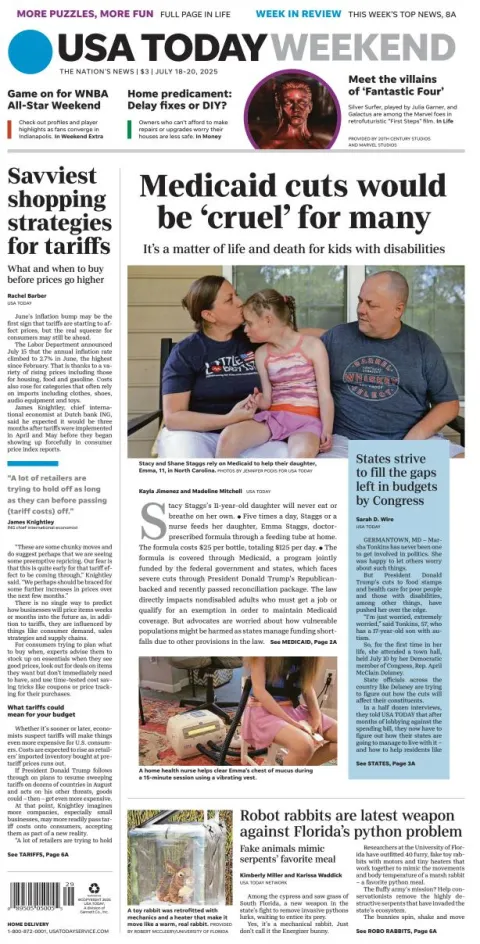 Portada de Usa Today del viernes, 18 de julio de 2025