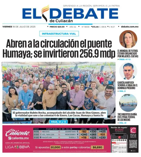 Portada de El Debate de Culiacan del viernes, 18 de julio de 2025