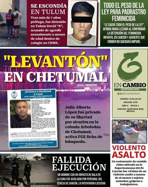 Portada de En Cambio - Quintana Roo (contraportada) del viernes, 18 de julio de 2025
