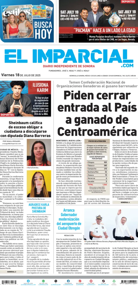 Portada de El Imparcial del viernes, 18 de julio de 2025
