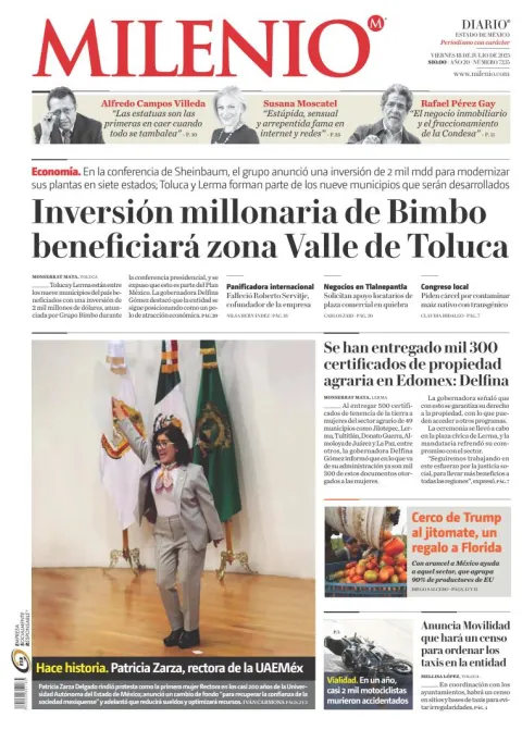 Portada de Milenio Edo de Mexico del viernes, 18 de julio de 2025