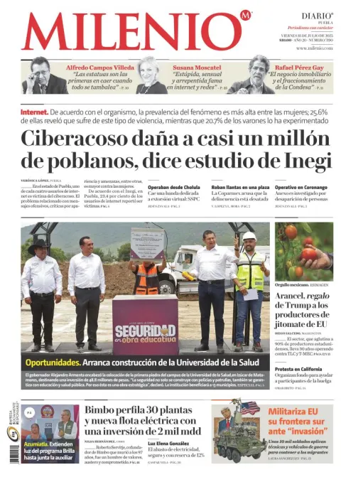 Portada de Milenio Puebla del viernes, 18 de julio de 2025