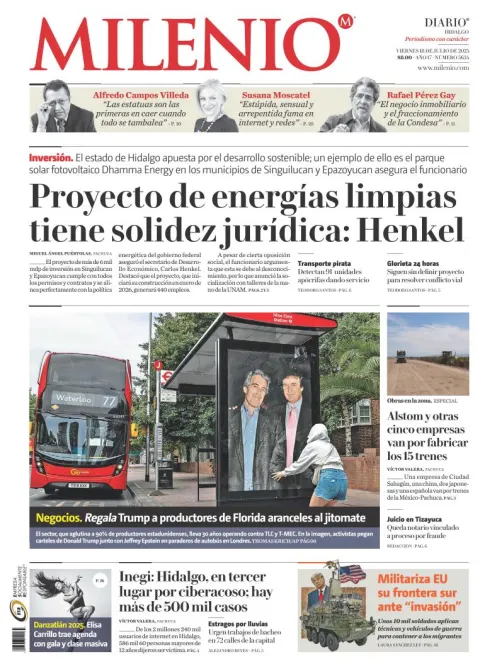 Portada de Milenio Hidalgo del viernes, 18 de julio de 2025