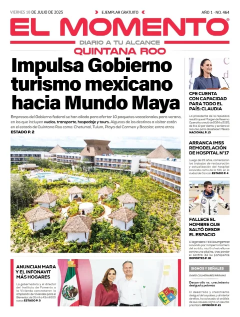 Portada de El Momento Quintana Roo del viernes, 18 de julio de 2025