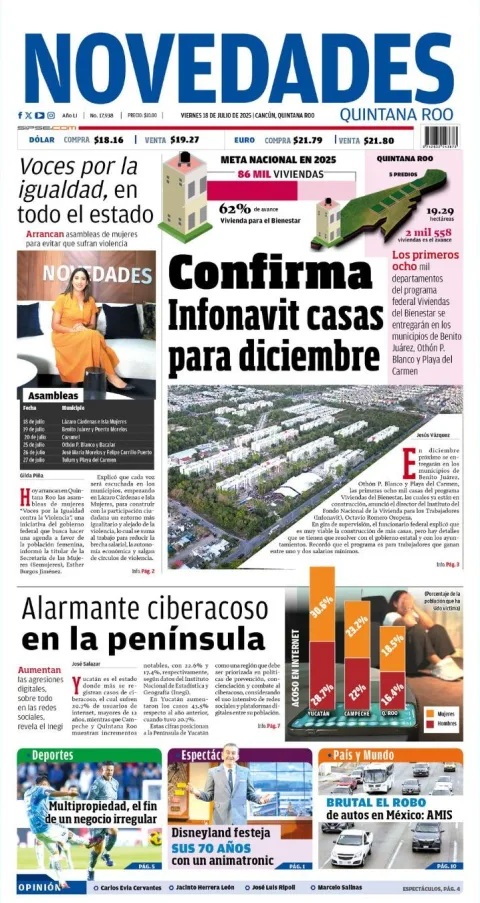 Portada de Novedades Quintana Roo del viernes, 18 de julio de 2025