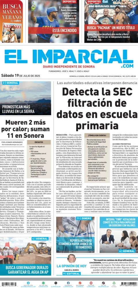 Portada de El Imparcial del sábado, 19 de julio de 2025