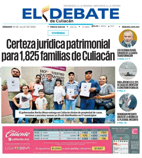 Portada de El Debate de Culiacan del sábado, 19 de julio de 2025
