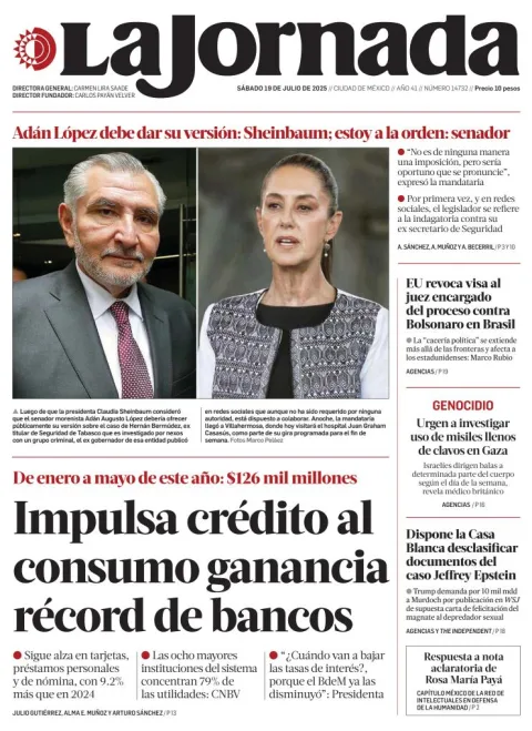 Portada de La Jornada del sábado, 19 de julio de 2025