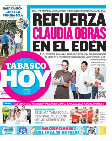 Portada de Tabasco Hoy del sábado, 19 de julio de 2025