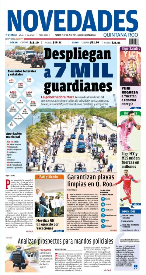 Portada de Novedades Quintana Roo del sábado, 19 de julio de 2025
