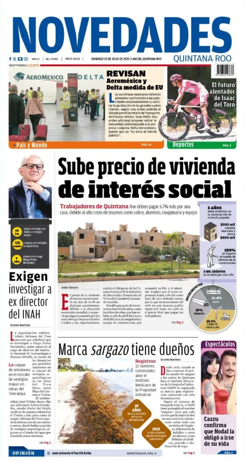 Portada de Novedades Quintana Roo del domingo, 20 de julio de 2025
