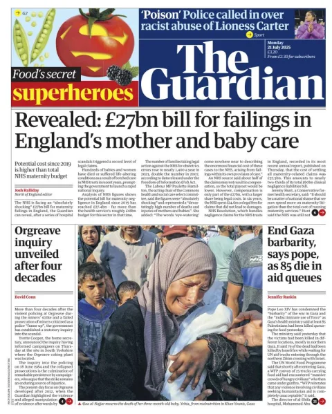 Portada de The Guardian (reino Unido) del lunes, 21 de julio de 2025