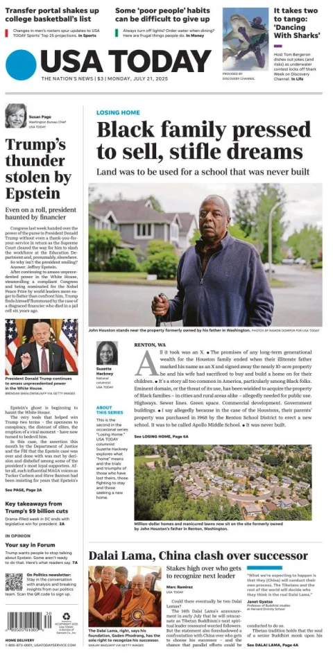 Portada de Usa Today del lunes, 21 de julio de 2025