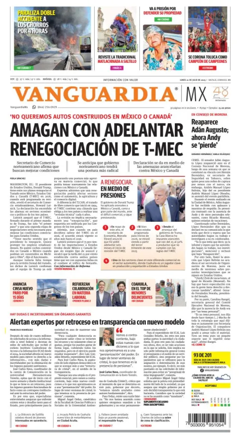 Portada de Vanguardia del lunes, 21 de julio de 2025