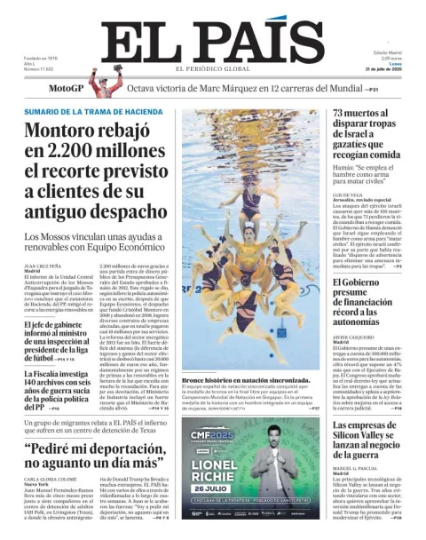 Portada de El Pais del lunes, 21 de julio de 2025